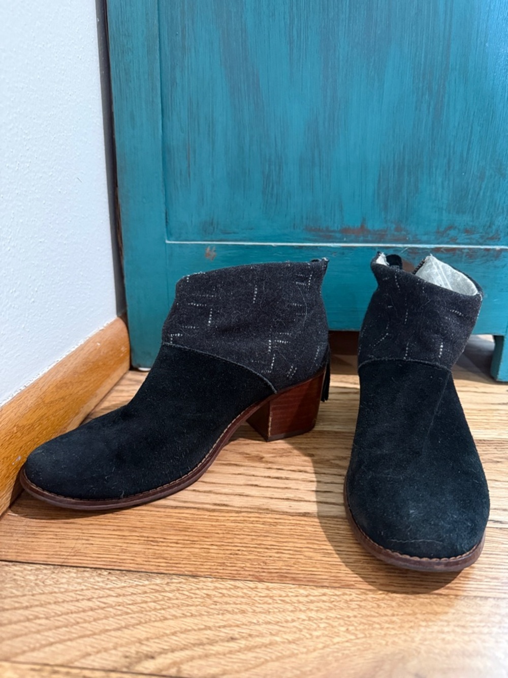 Toms Black Faux Suede Ankle Booties with Stacked Heel